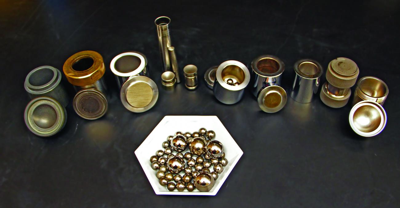 Assortment of ball milling canisters and stainless steel balls
